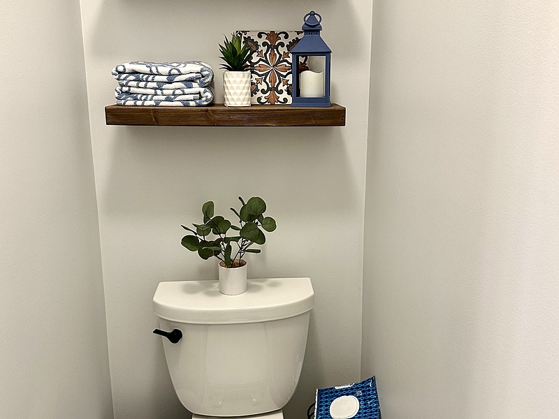 toilet area with shelves